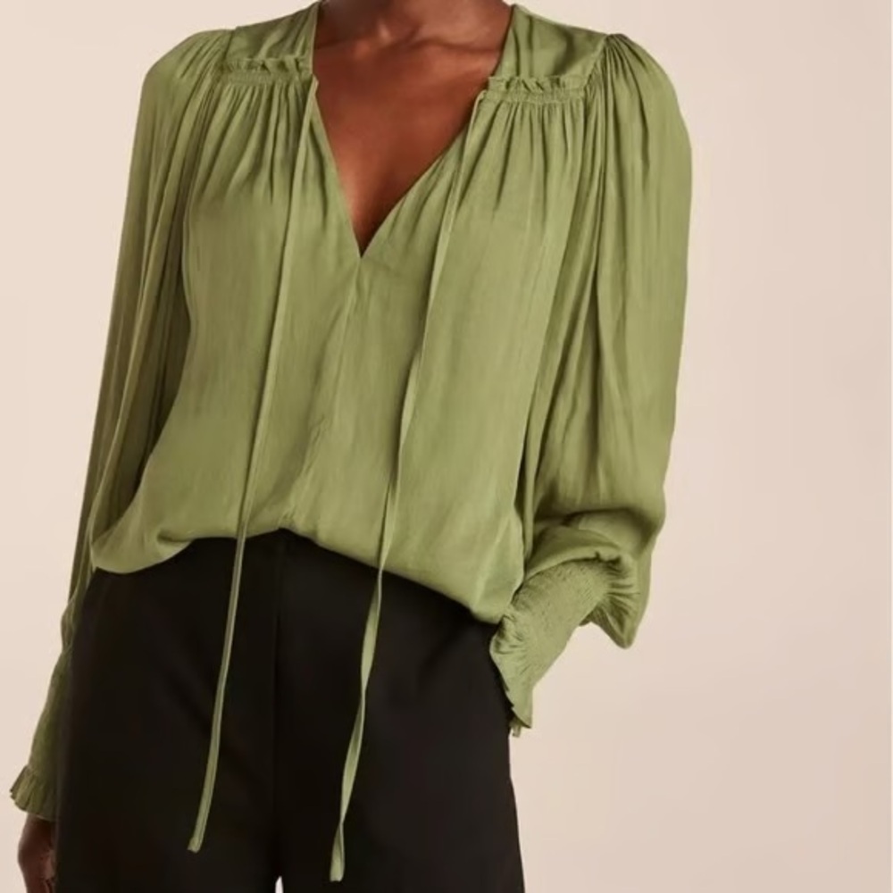 Tie neck sateen blouse in avocado size large - Picture 2 of 5